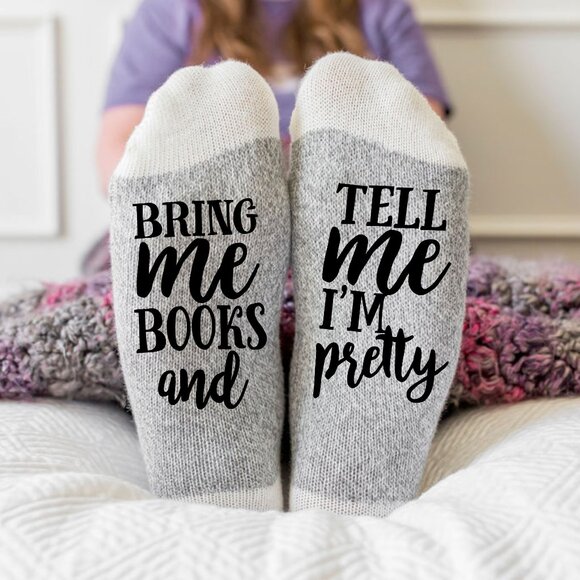 Bring Me Books and Tell me I'm Pretty Socks, Pink Trim, Cotton, One Size - Picture 1 of 2
